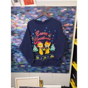 Vintage Bear Christmas Sweatshirt Navy Blue Graphic Pullover 14W 16W